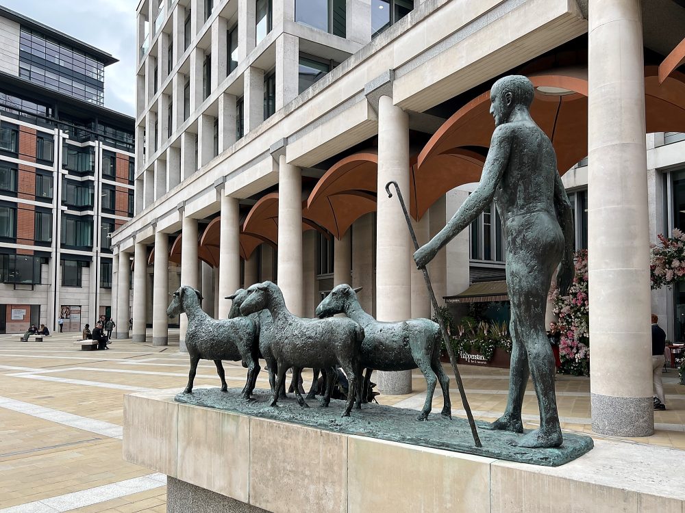 Shepherd and Sheep in Paternoster Square by Elizabeth Fink