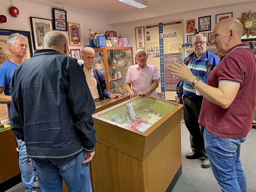 Gary Magold (right) of the Biscuit Museum talking informally to some the Geezers