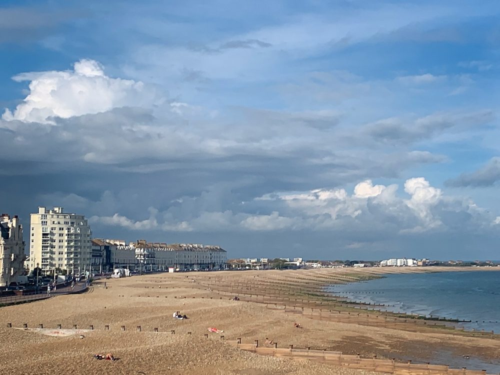 Dramatic skies over the beach at Eastbourne