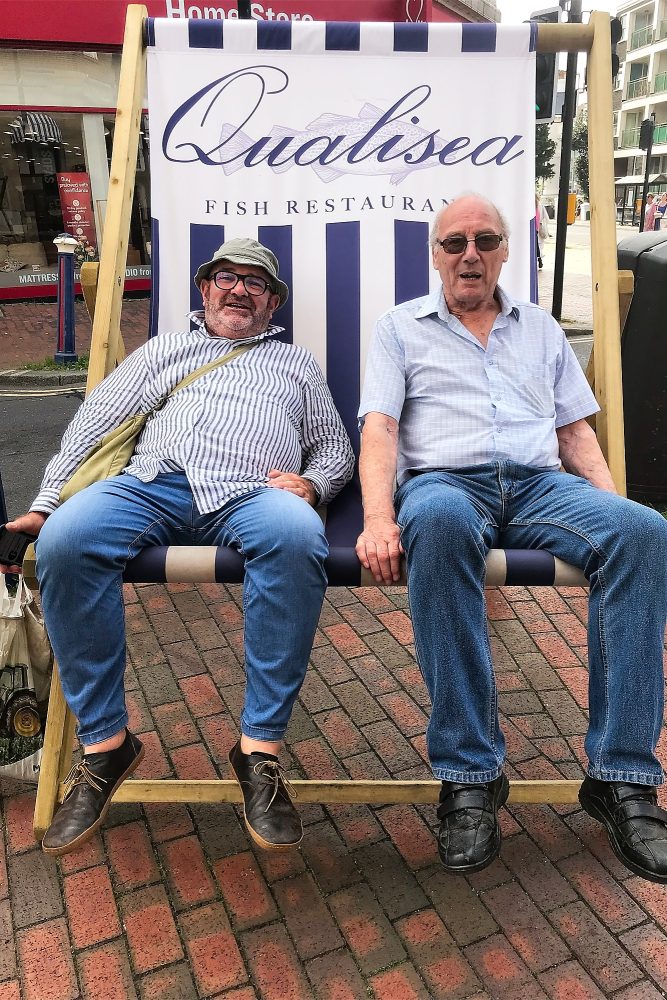 Paul and Brian take a load off after an action-packed day at Eastbourne