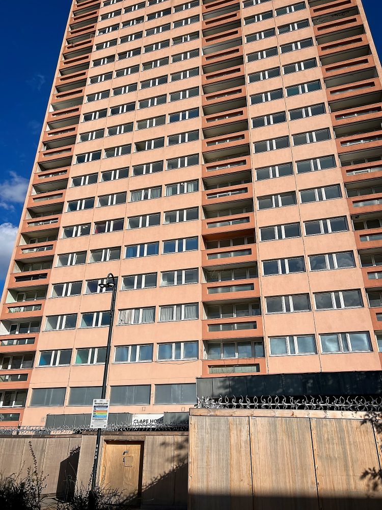 Clare House, Bow boarded up