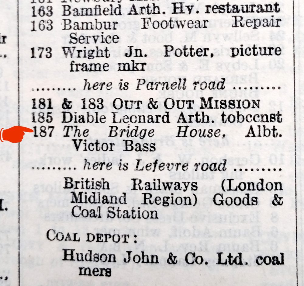 The Bridge House pub shown on Tredegar Road in a 1953 Street Directory