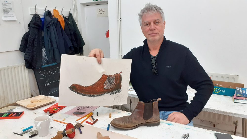 Eddie Snooks with his boot drawing