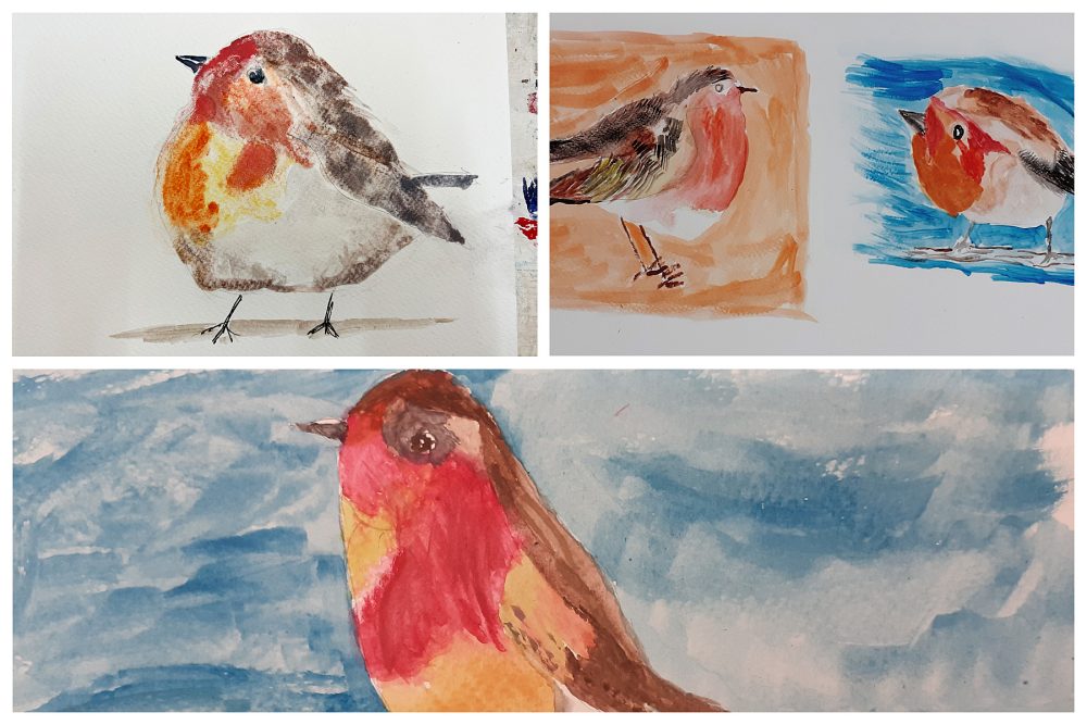 A collage of robins painted by the Geezers