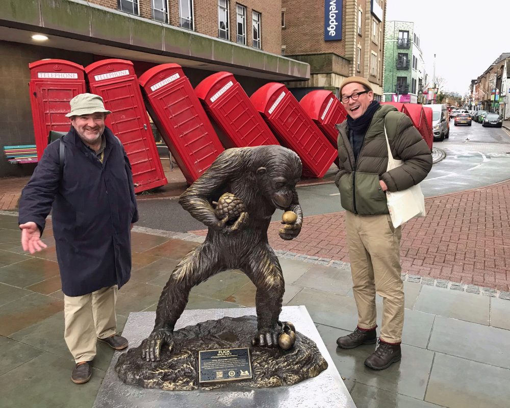 Paul Dixey (L) and Jon Alexander in front of David Mach’s “Out of Order” red phone boxes