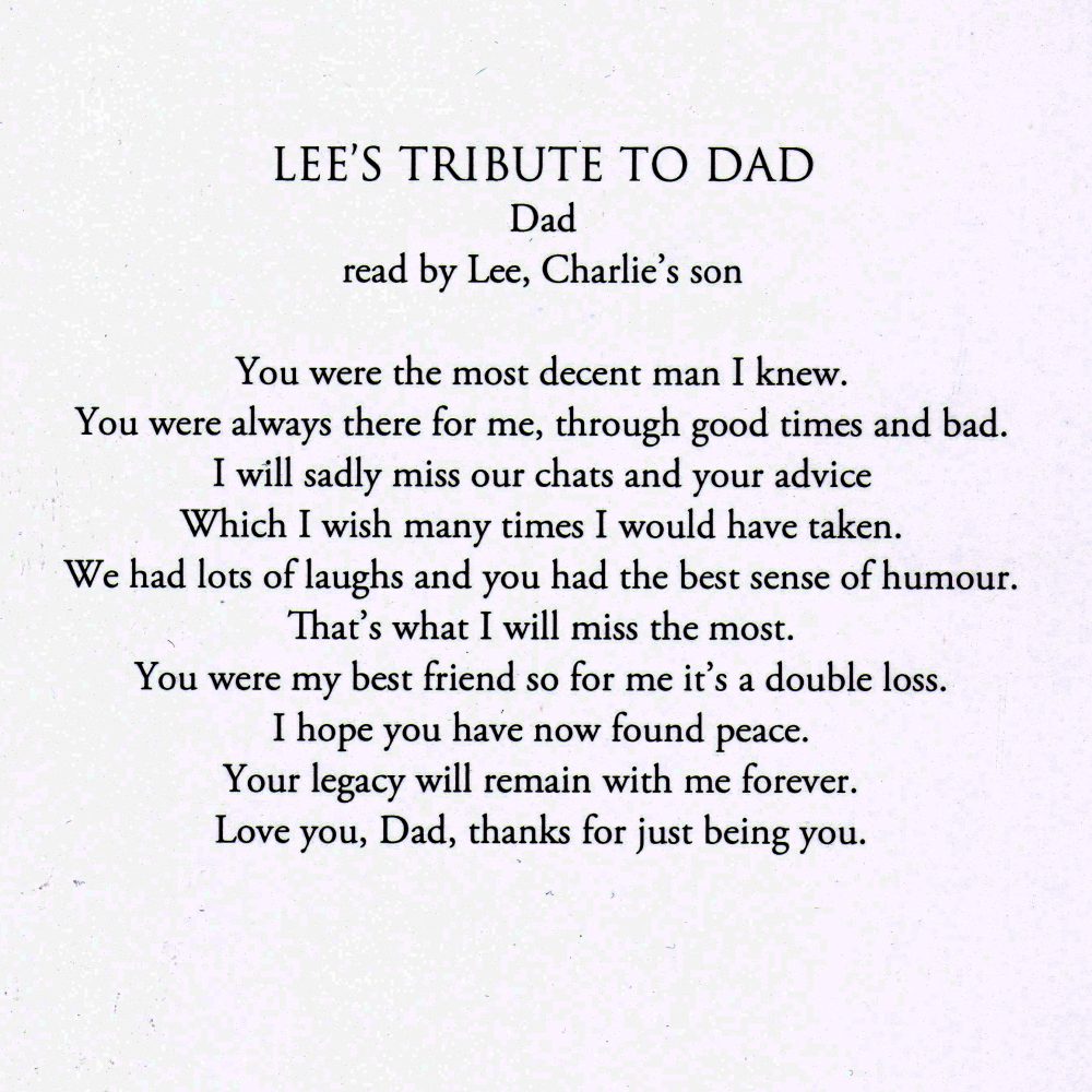The tribute to Charlie, read by his son Lee.