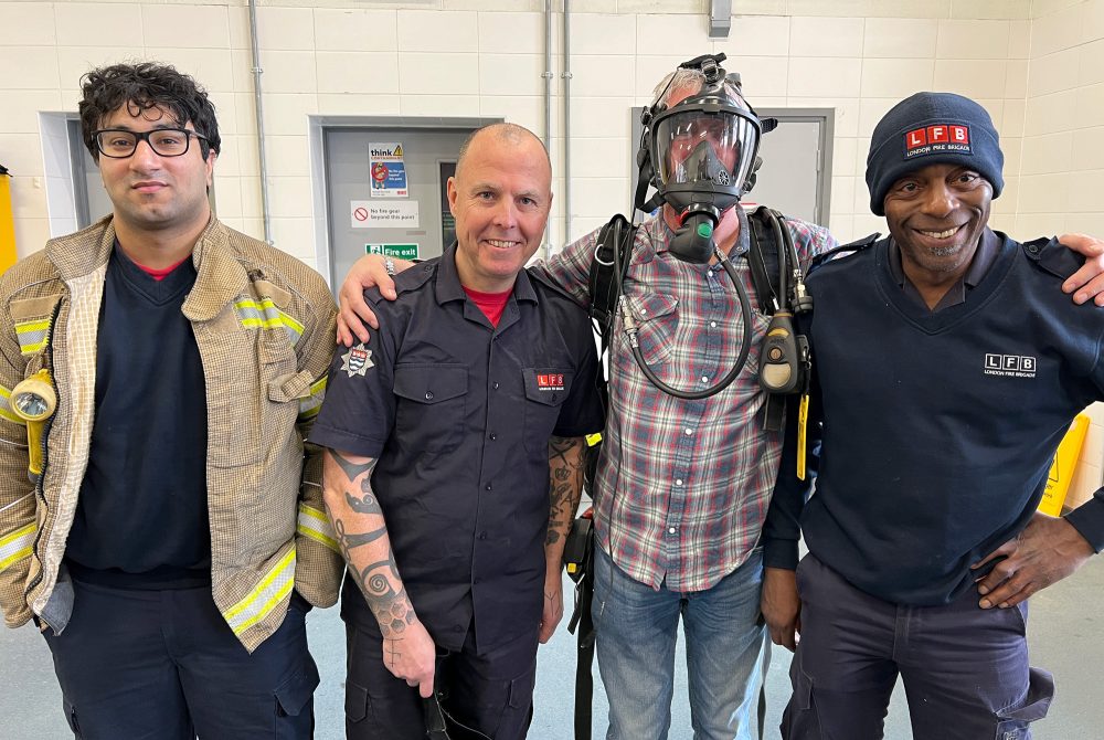 Sid, Scott Turner, Eddie Snooks in breathing apparatus, & Hass at Shadwell Fire Station East London