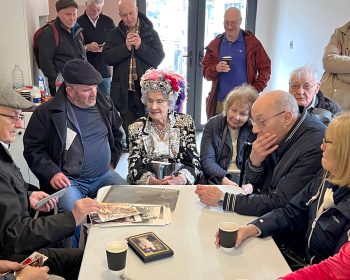 The Geezers and Phyllis Broadbent in the newly opened Common Room