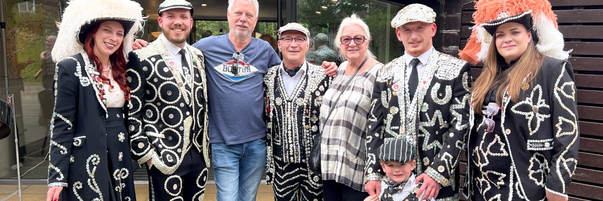 The Pearlies with Geezers Chair, Eddie Snooks, and Old Ford Festival organiser Carolyn Clark