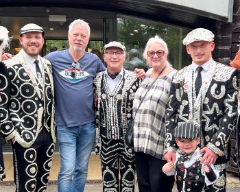 The Pearlies with Geezers Chair, Eddie Snooks, and Old Ford Festival organiser Carolyn Clark