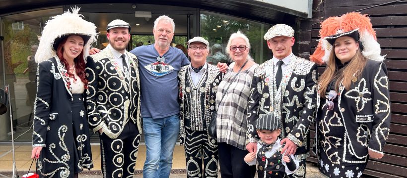 The Pearlies with Geezers Chair, Eddie Snooks, and Old Ford Festival organiser Carolyn Clark