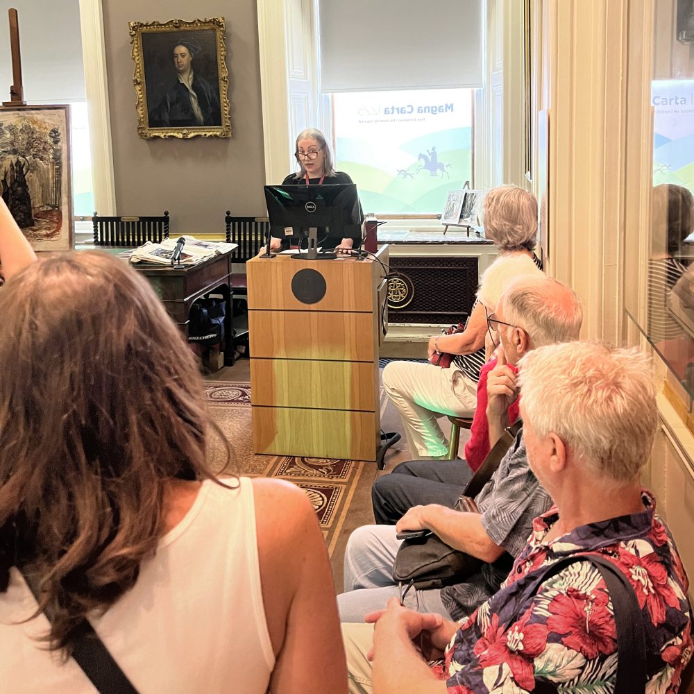 Michelle Johansen giving an introduction at the private view of the Magna Carta exhibition