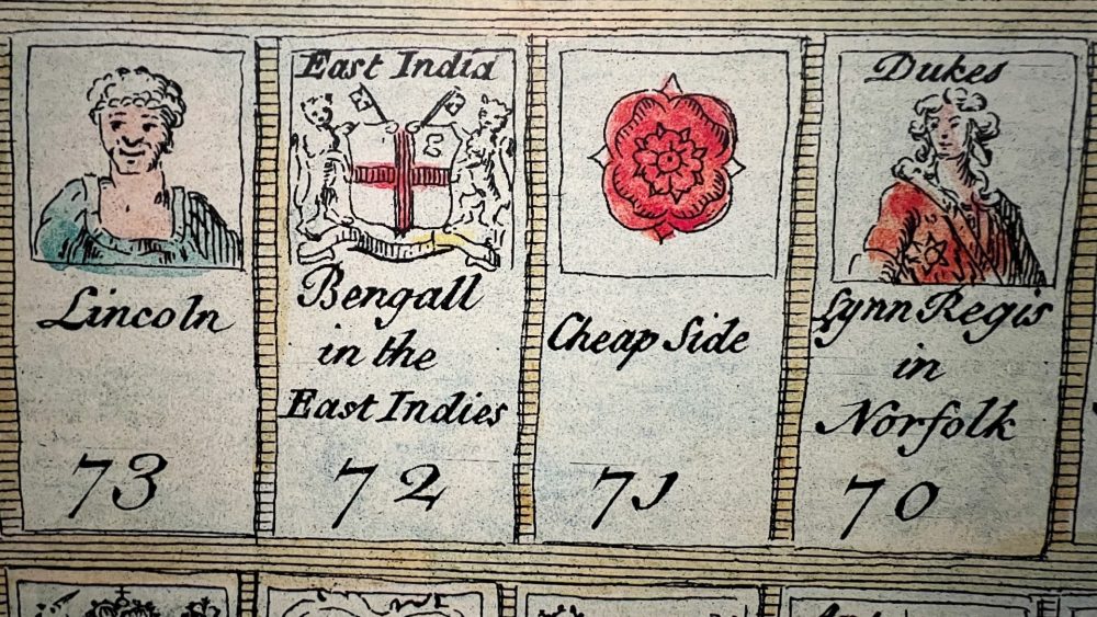 Detail from a framed list of 128 Masonic Lodges all around the world from 1736