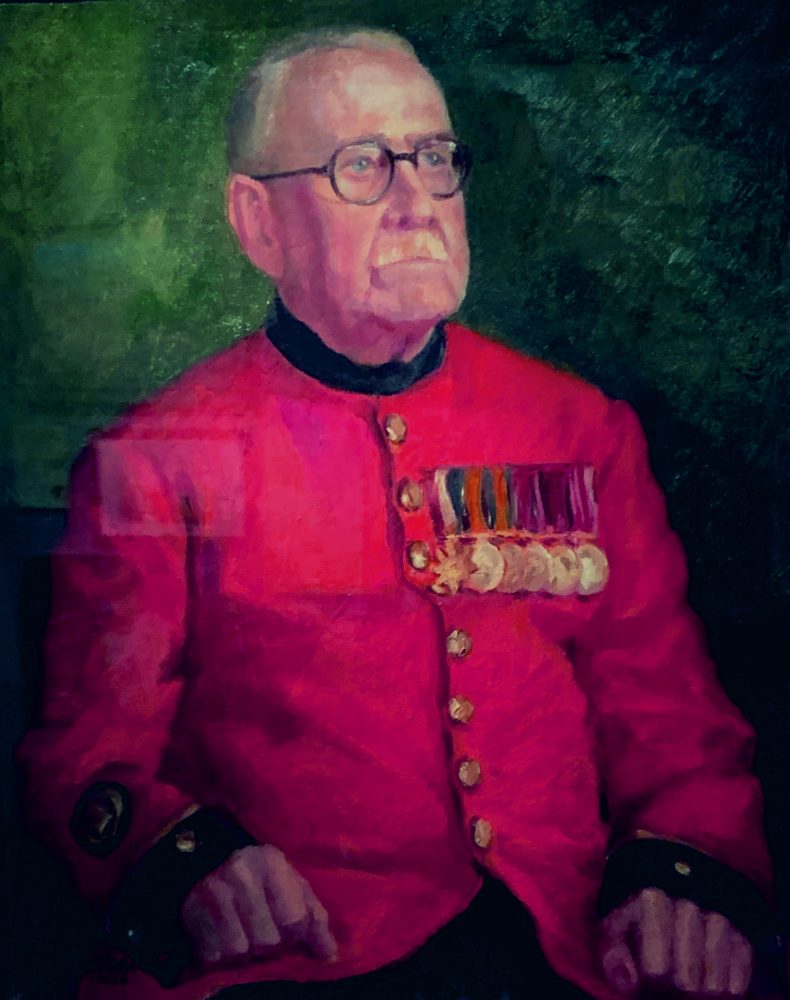 An In-pensioner of the Royal Hospital, Chelsea, a Hospital Sergeant and RQMS. Painted by R. W. Gilder and on display in the National Army Museum
