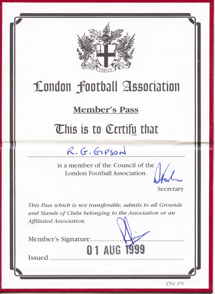 Ray Gipson's London Football Association Member's Pass